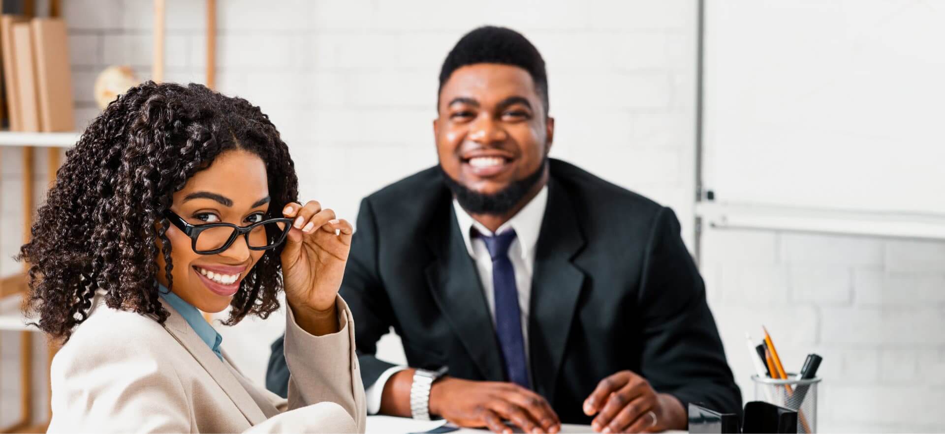 busy man and woman talking meeting business